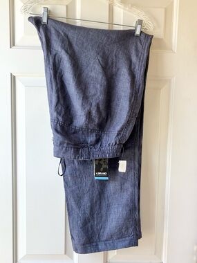 KJ Brand Betty Natural Linen Pants Straight Cut Comfy Thigh Blue Size XL/XXL